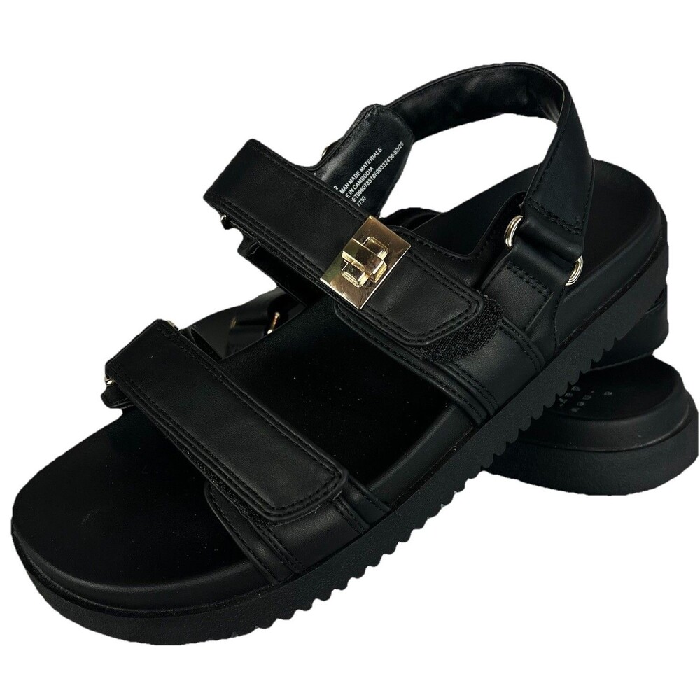 Women Black Platform Sandals Double Strap Gold Buckle Casual Comfort Size 81/2 - Picture 5 of 15